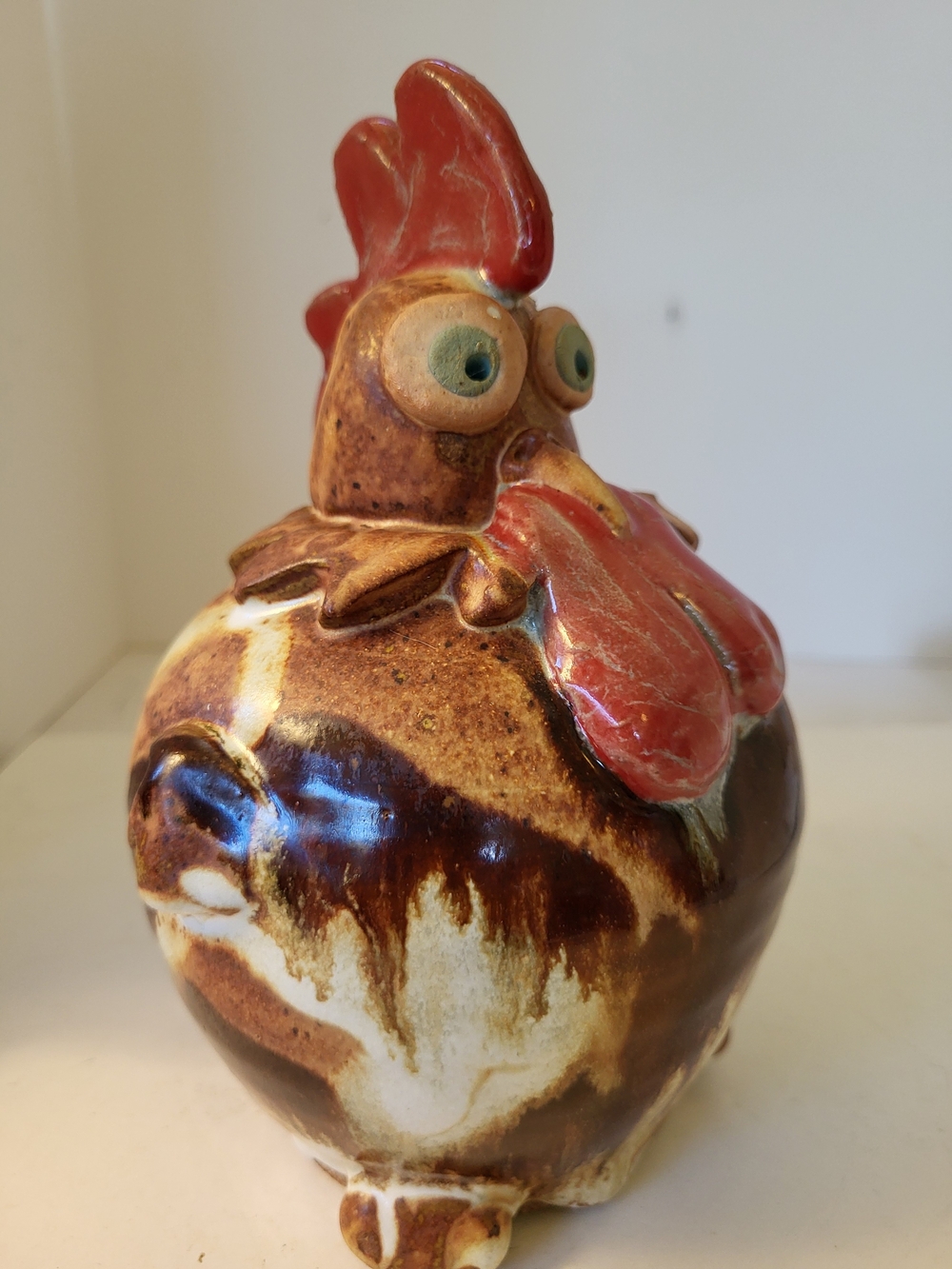 John Pettus Folk Art Rooster Pottery Coin Bank Signed 7.5"